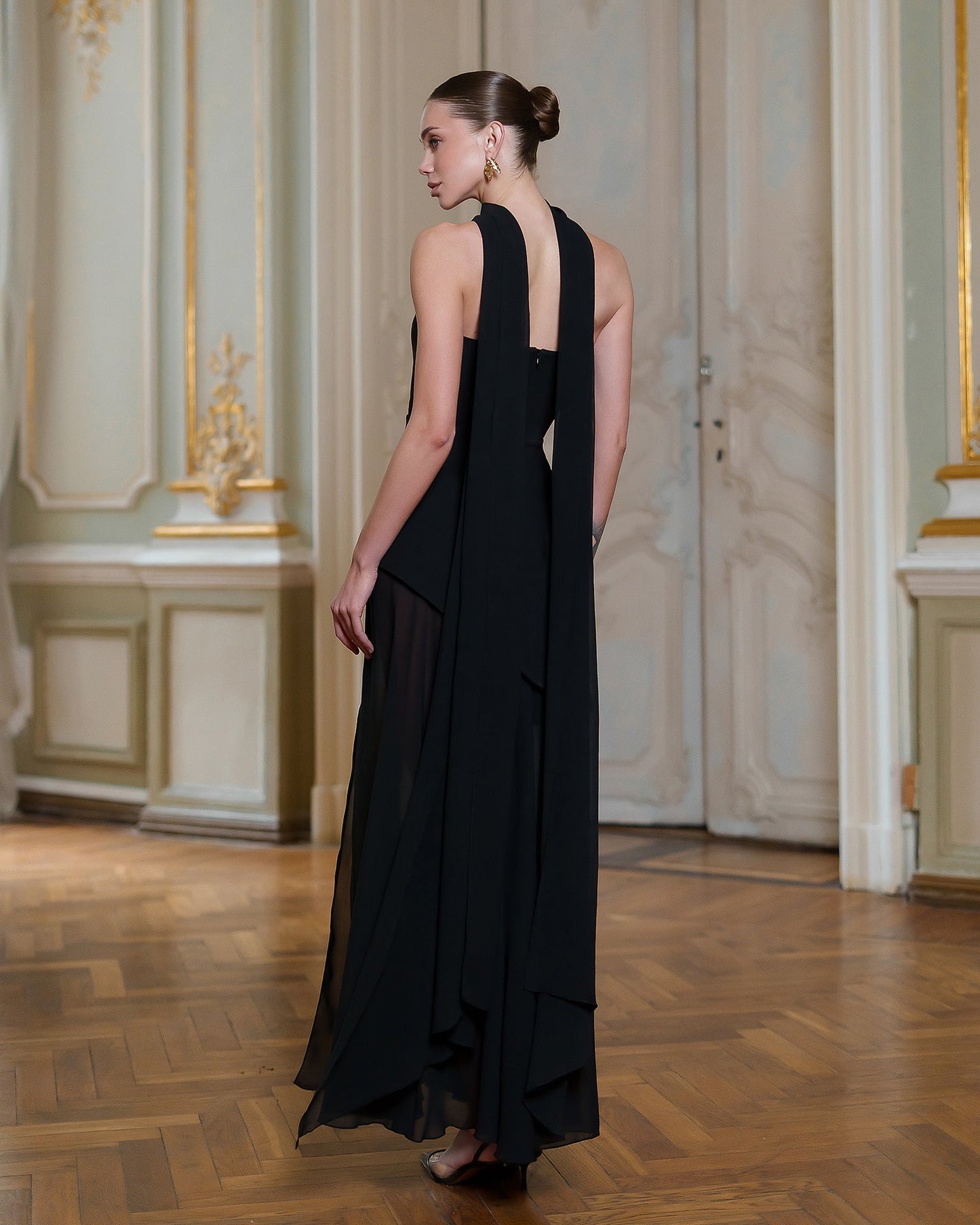 Black Strapless Back Scarf Overskirt Maxi Dress
