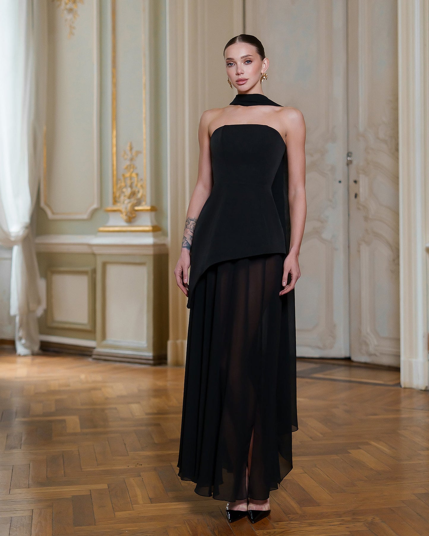 Black Strapless Back Scarf Overskirt Maxi Dress