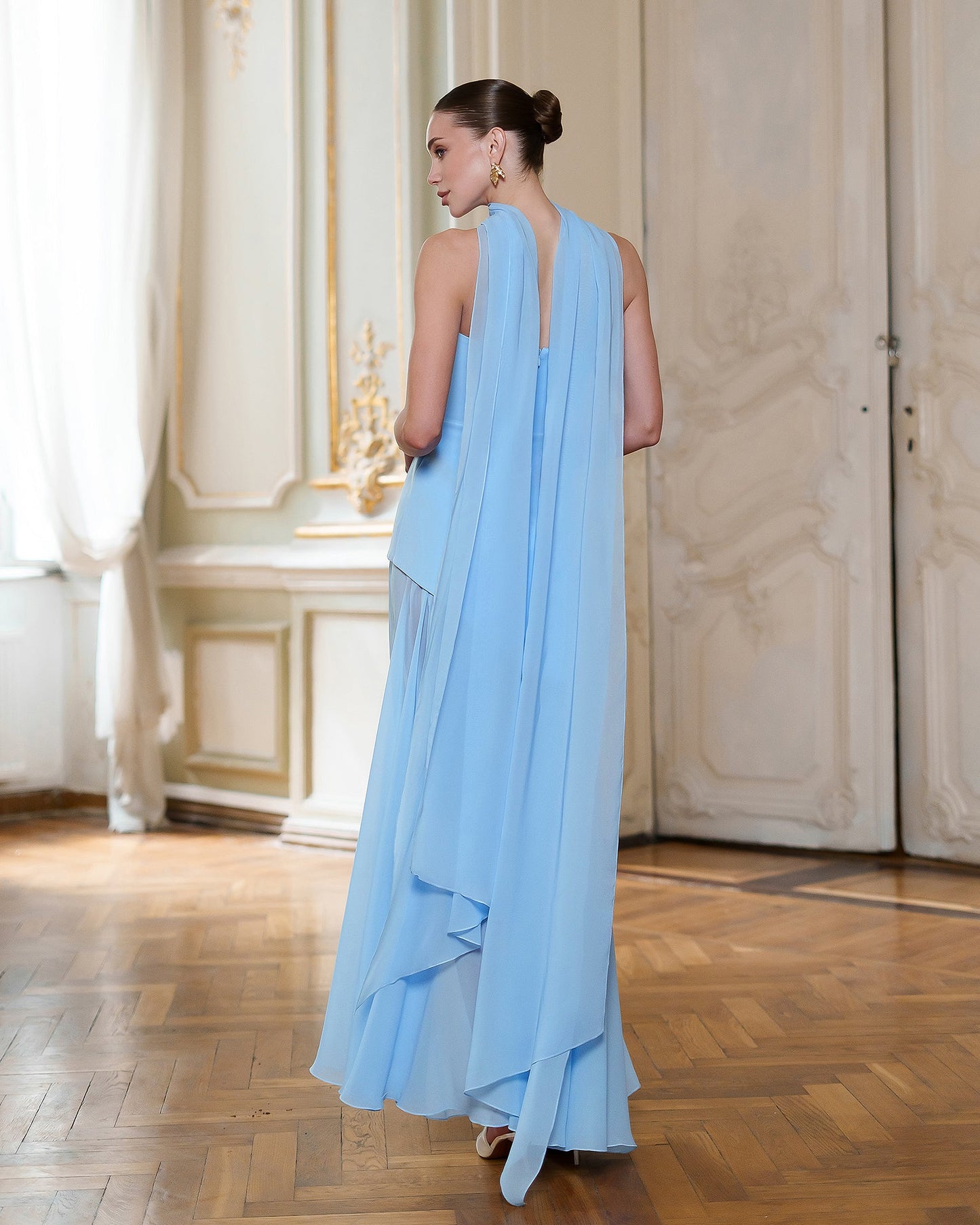 Sky-Blue Strapless Back Scarf Overskirt Maxi Dress