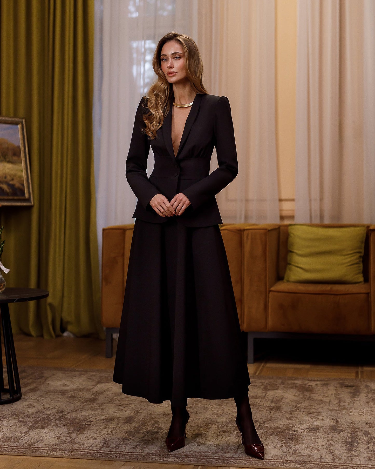 Stella Black Collarless Jacket Midi Skirt Suit 2-Piece