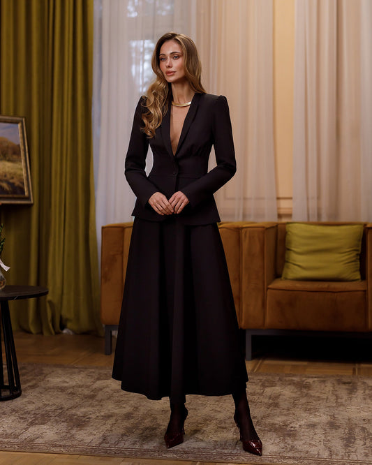 Stella Black Collarless Jacket Midi Skirt Suit 2-Piece