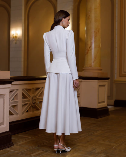 Stella White Collarless Jacket Midi Skirt Suit 2-Piece