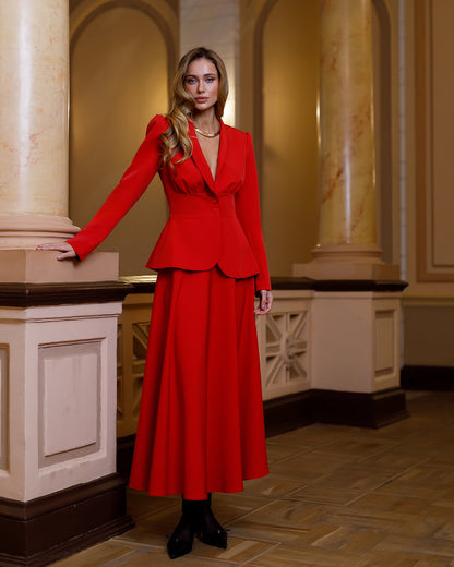 Stella Red Collarless Jacket Midi Skirt Suit 2-Piece
