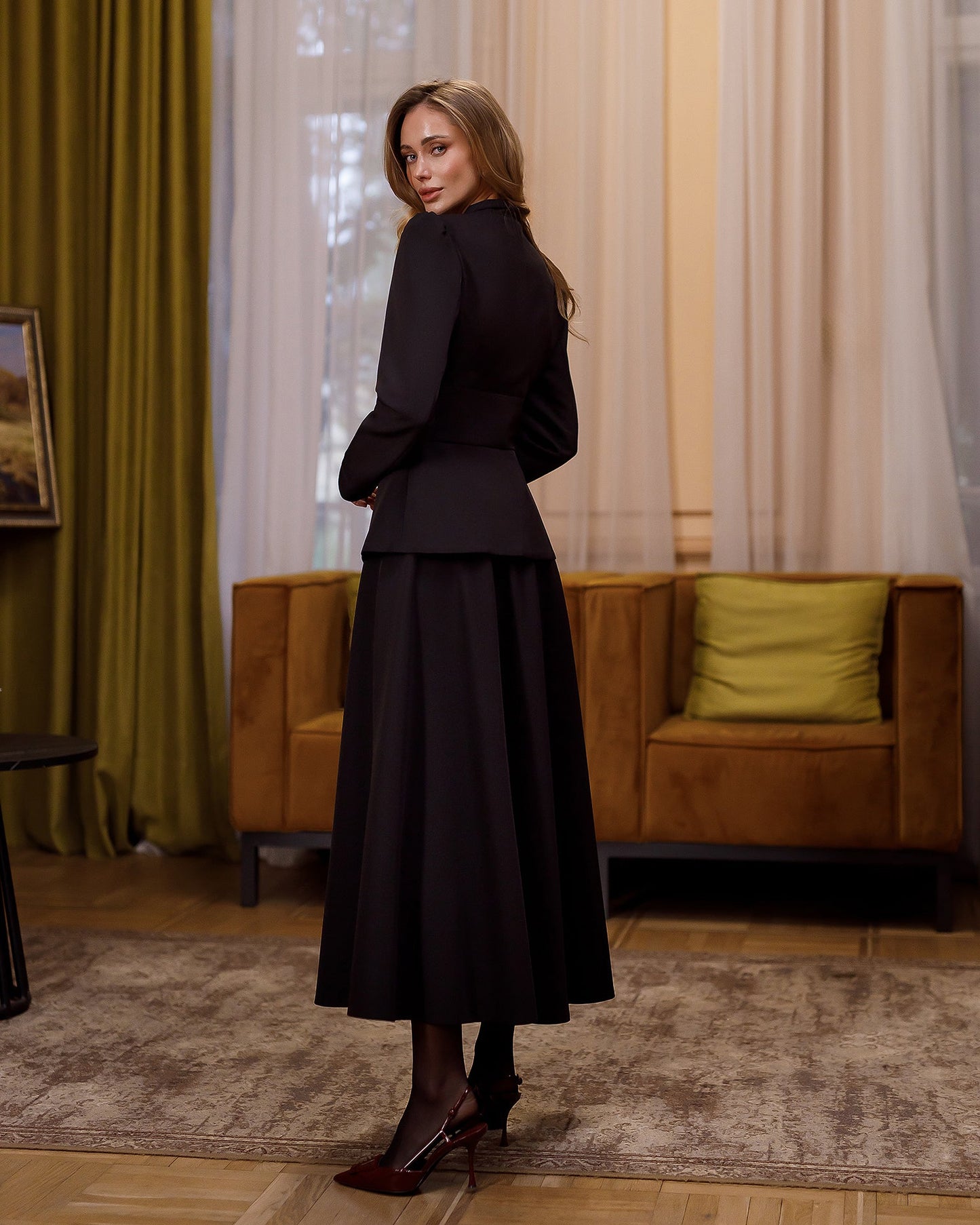 Stella Black Collarless Jacket Midi Skirt Suit 2-Piece