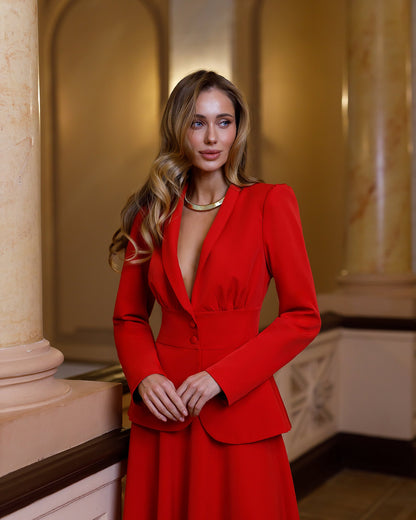 Stella Red Collarless Jacket Midi Skirt Suit 2-Piece