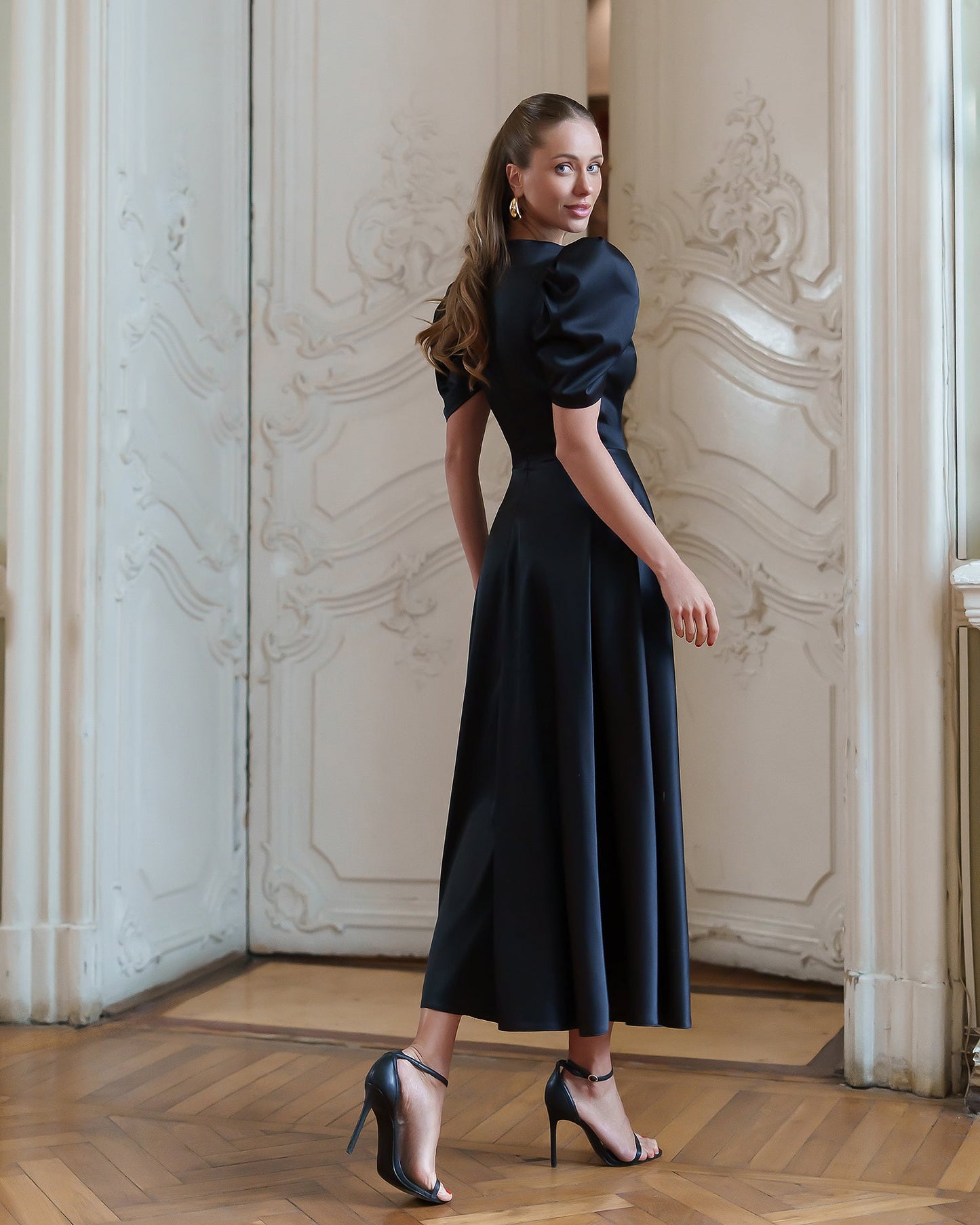 Monica Black Satin V-Neck Puff Sleeve Midi Dress
