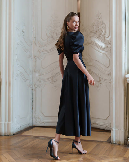 Monica Black Satin V-Neck Puff Sleeve Midi Dress