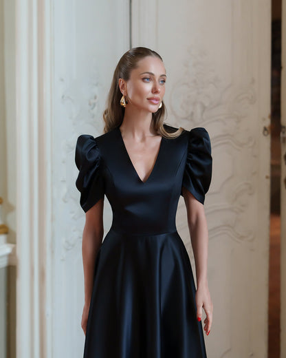 Monica Black Satin V-Neck Puff Sleeve Midi Dress