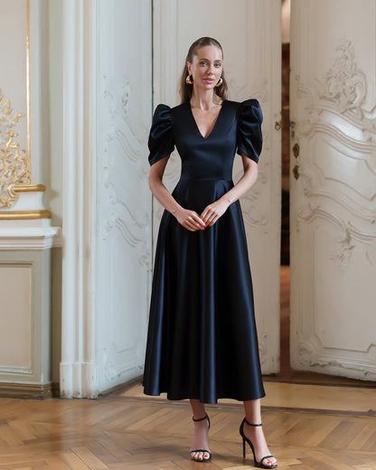 Monica Black Satin V-Neck Puff Sleeve Midi Dress