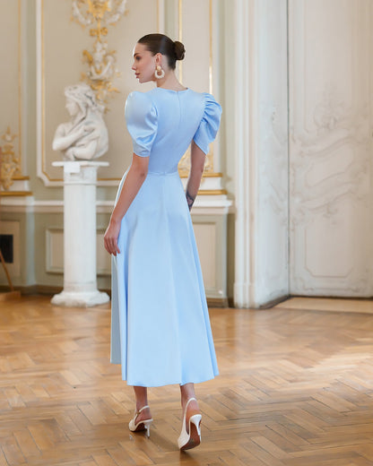 Monica Sky-Blue Satin V-Neck Puff Sleeve Midi Dress