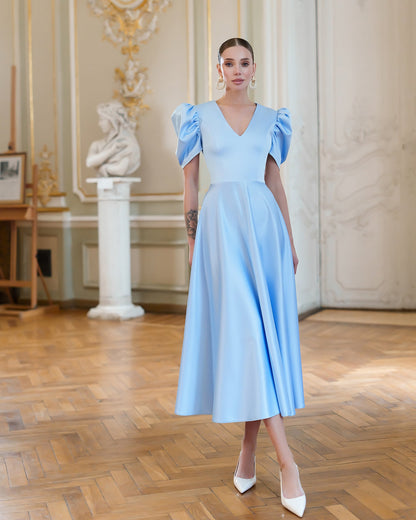 Monica Sky-Blue Satin V-Neck Puff Sleeve Midi Dress