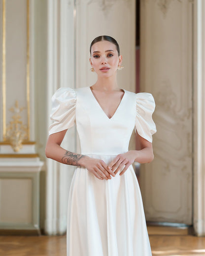 Monica White Satin V-Neck Puff Sleeve Midi Dress