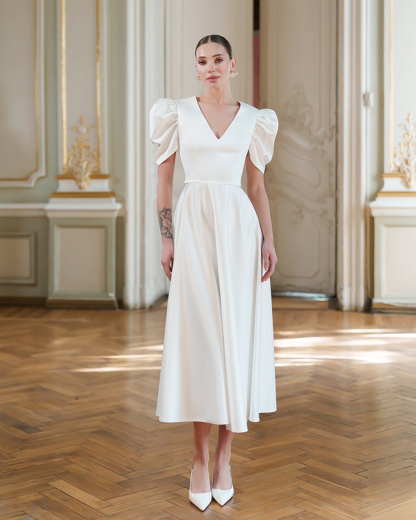Monica White Satin V-Neck Puff Sleeve Midi Dress