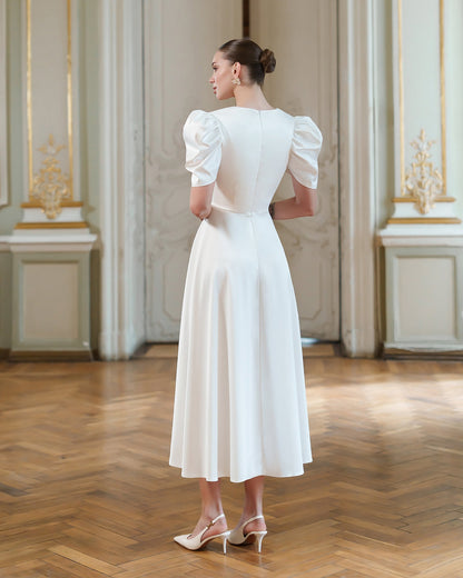 Monica White Satin V-Neck Puff Sleeve Midi Dress