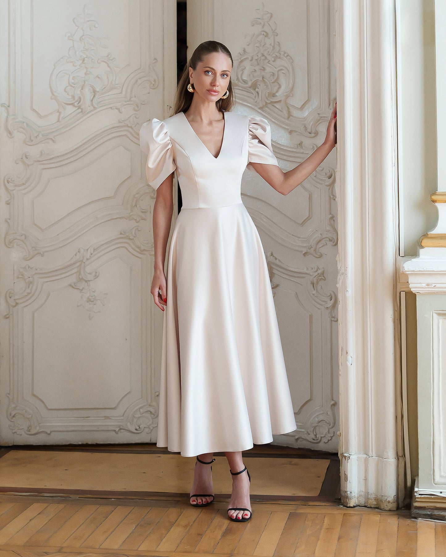 Monica Beige Satin V-Neck Puff Sleeve Midi Dress