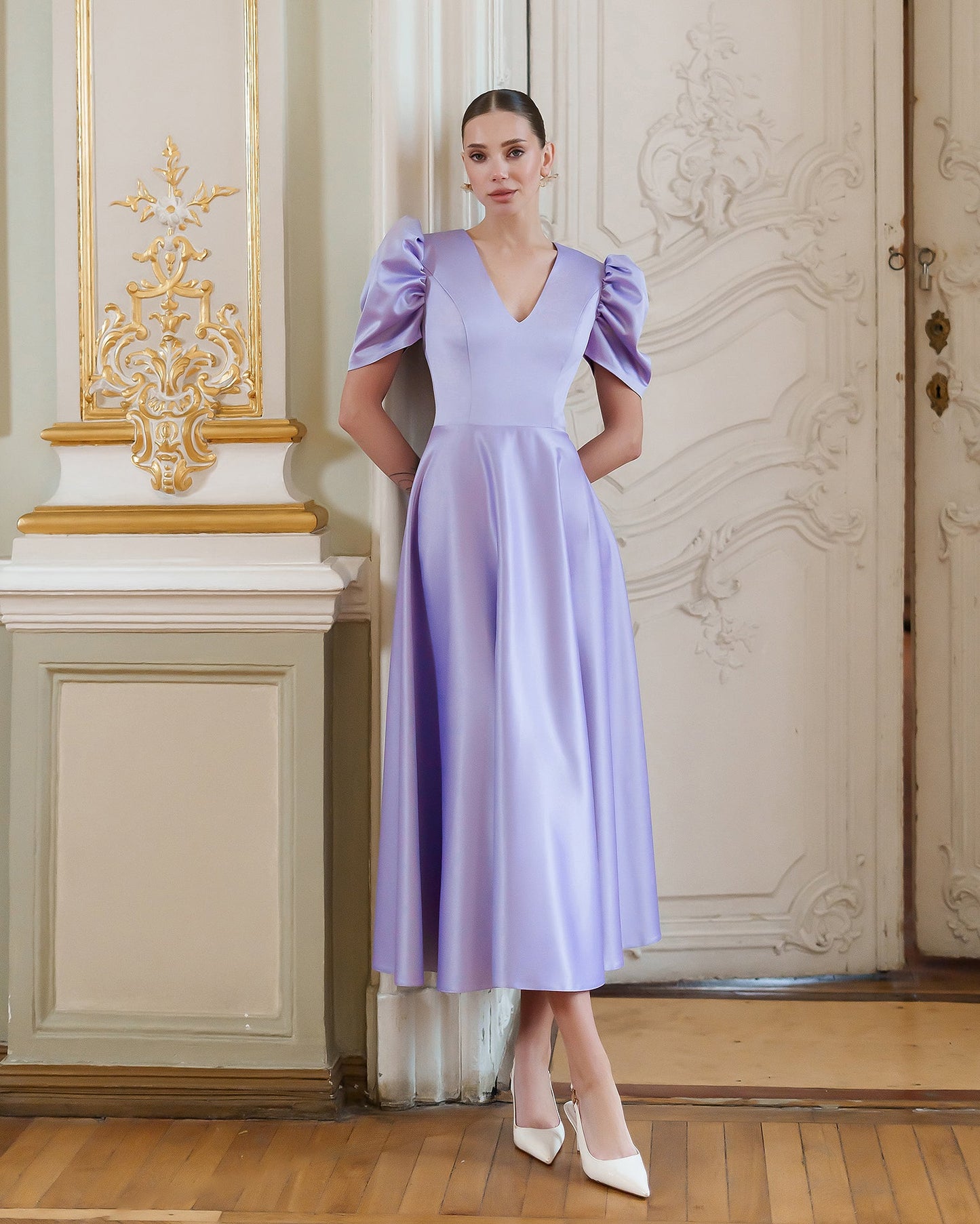 Monica Lavender Satin V-Neck Puff Sleeve Midi Dress