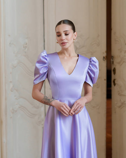 Monica Lavender Satin V-Neck Puff Sleeve Midi Dress
