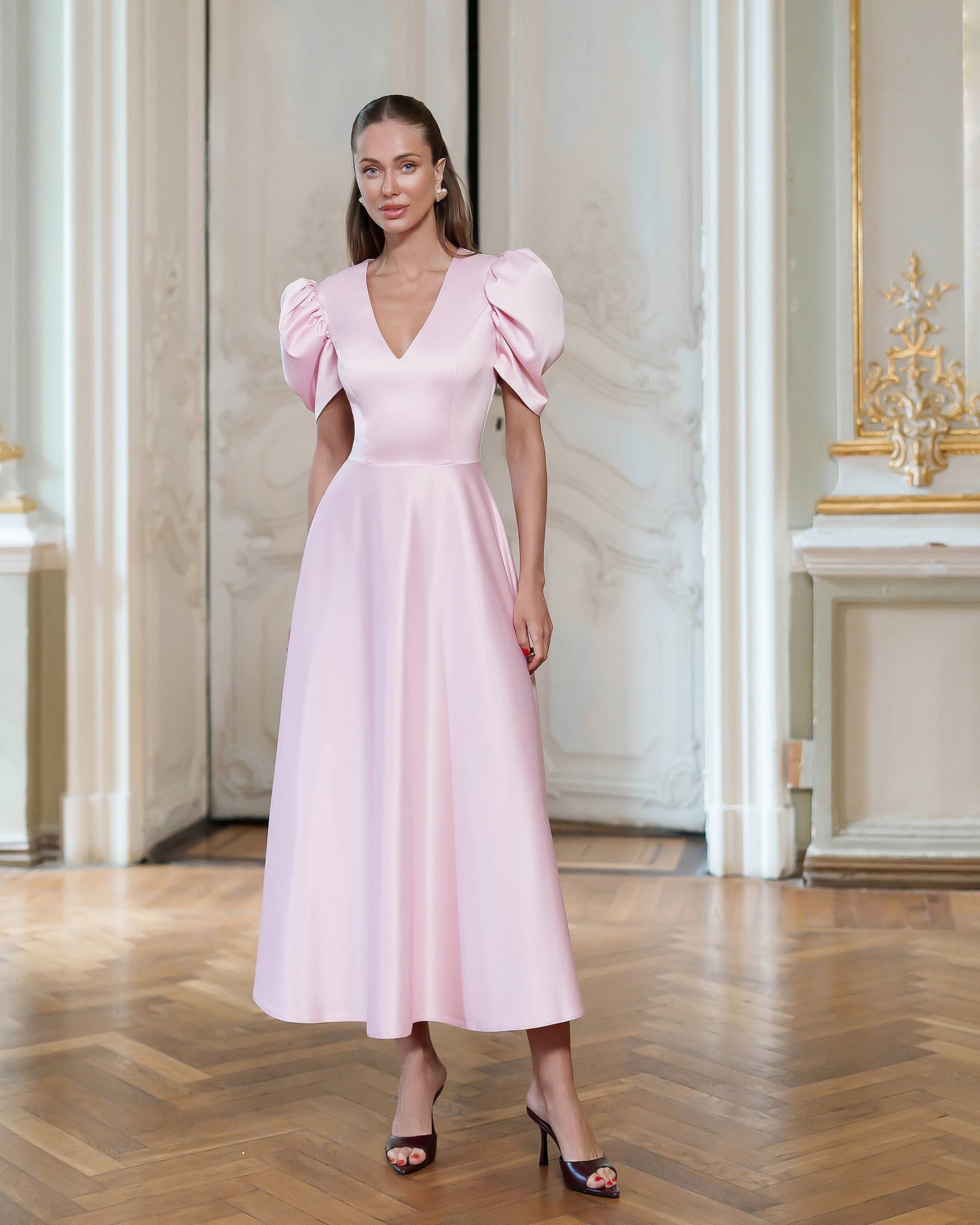 Monica Pink Satin V-Neck Puff Sleeve Midi Dress