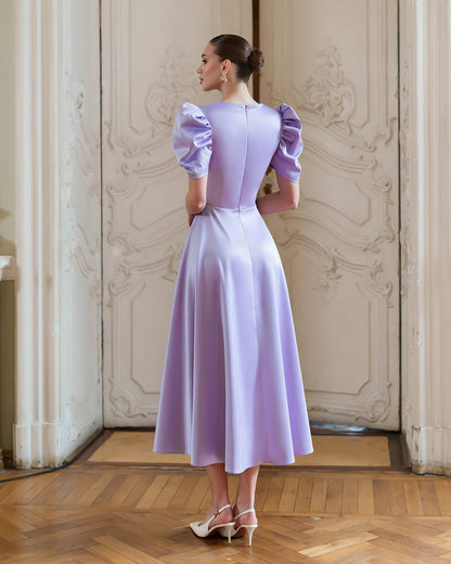 Monica Lavender Satin V-Neck Puff Sleeve Midi Dress