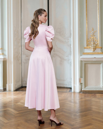 Monica Pink Satin V-Neck Puff Sleeve Midi Dress
