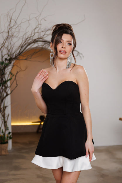 Black Sweetheart Strapless White Hem Mini Dress
