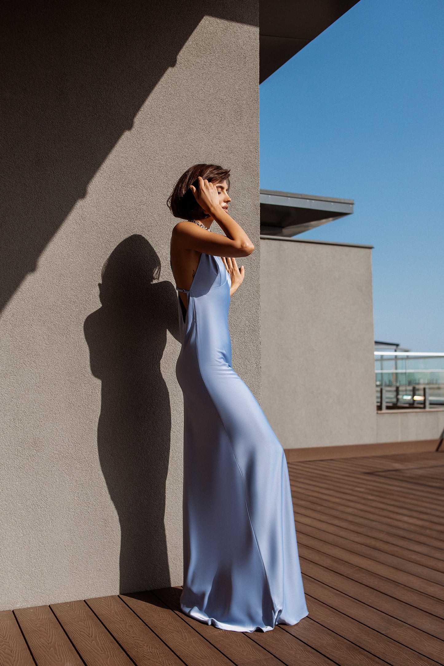 Blue Grey Satin Slip Maxi Dress