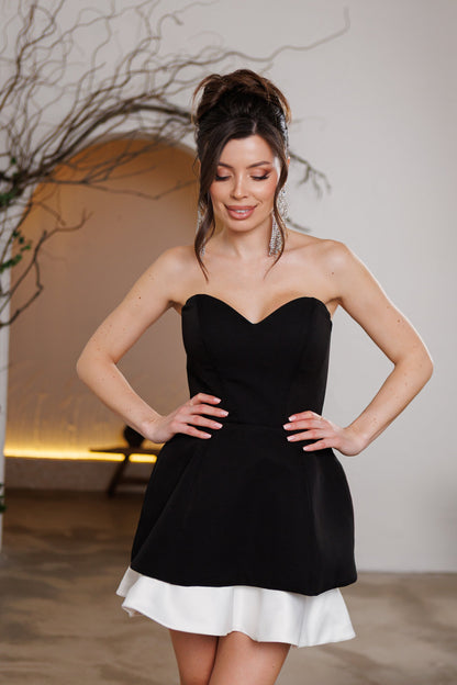 Black Sweetheart Strapless White Hem Mini Dress