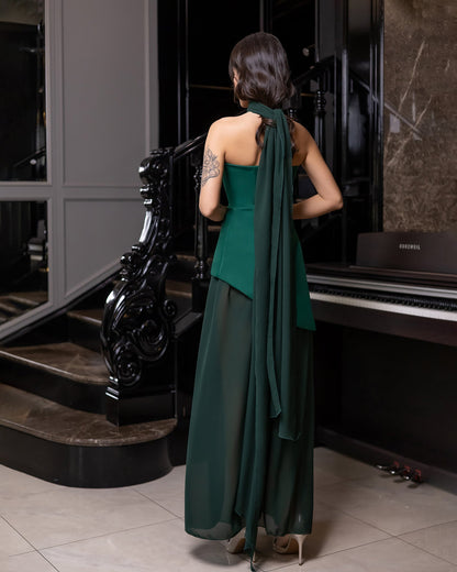 Green Strapless Back Scarf Overskirt Maxi Dress