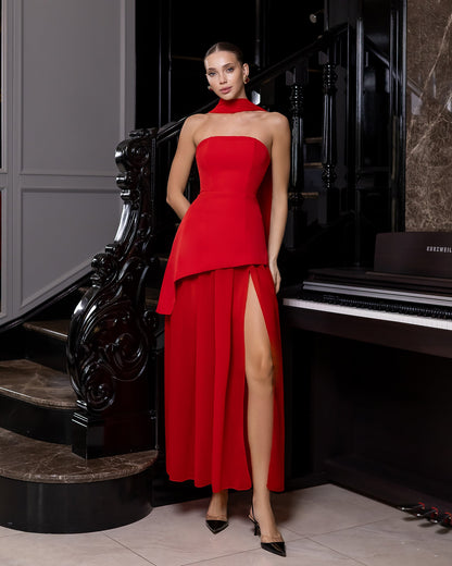 Red Strapless Back Scarf Overskirt Maxi Dress