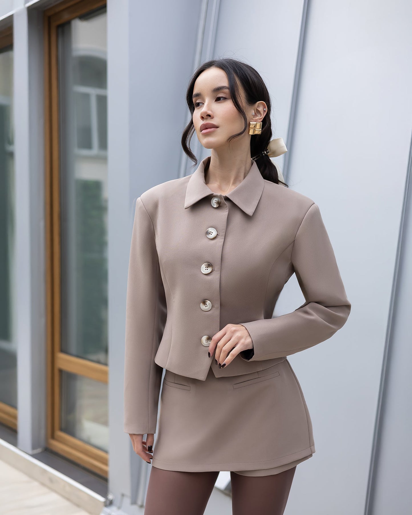 Elara Mocco Cropped Button-Up Jacket & Mini Skirt Suit 2-Piece