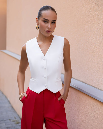 Gloria White V-Neck Button-Front Vest