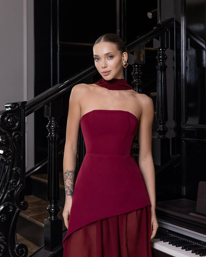 Bordeaux Strapless Back Scarf Overskirt Maxi Dress