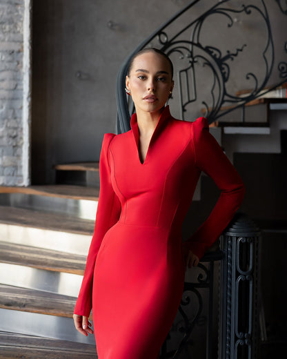 Melanie Red V-Neck Long-Sleeve Midi Dress