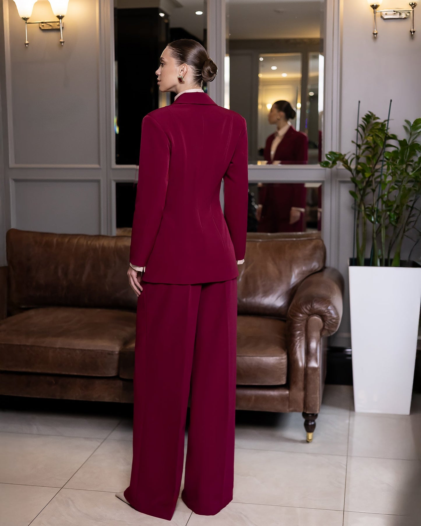 Liora Bordeaux Tailored Peplum-Waist Suit 2-Piece