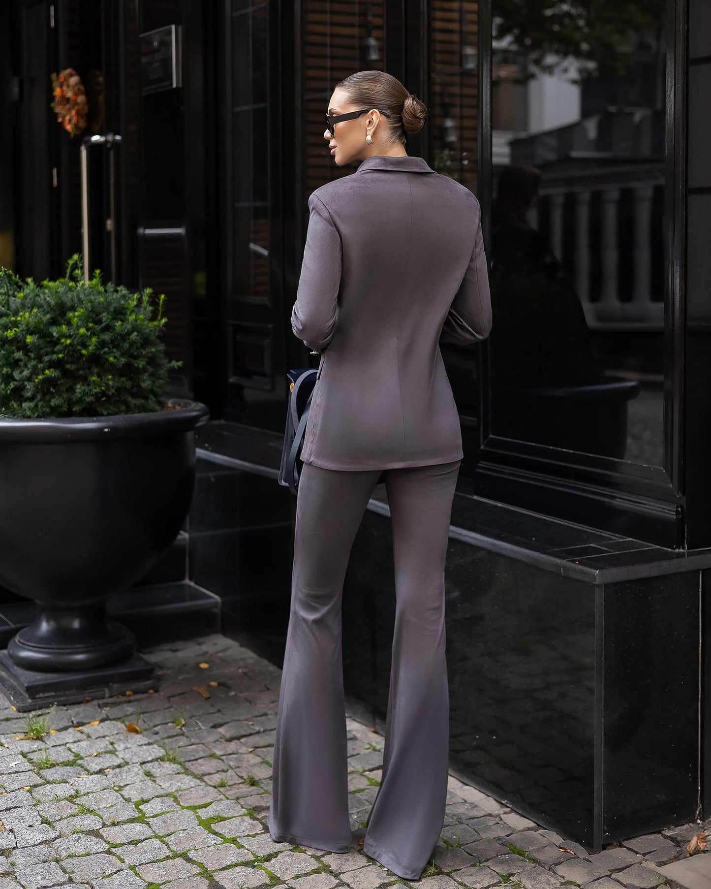 Serena Grey Suede Tailored Blazer & Flared Pants Suit 2-Piece