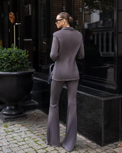 Serena Grey Suede Tailored Blazer & Flared Pants Suit 2-Piece