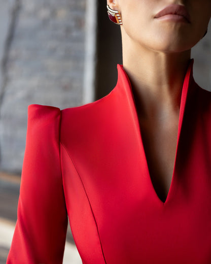 Melanie Red V-Neck Long-Sleeve Midi Dress