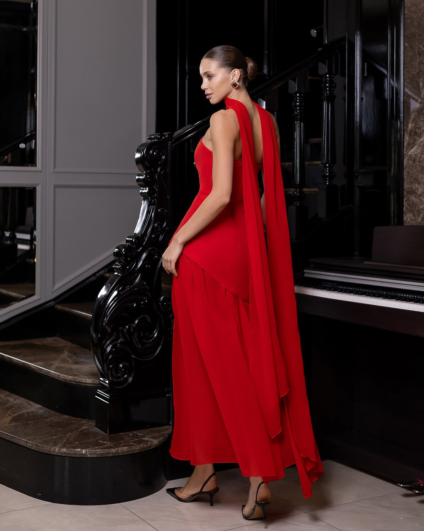 Red Strapless Back Scarf Overskirt Maxi Dress