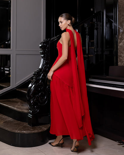 Red Strapless Back Scarf Overskirt Maxi Dress