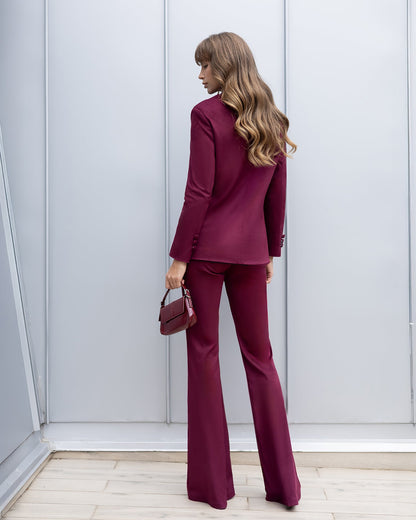 Serena Bordeaux Suede Tailored Blazer & Flared Pants Suit 2-Piece