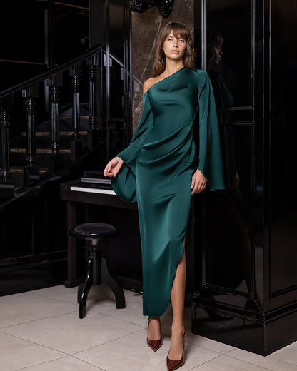 Celeste Emerald Satin Asymmetric One-Shoulder Midi Dress