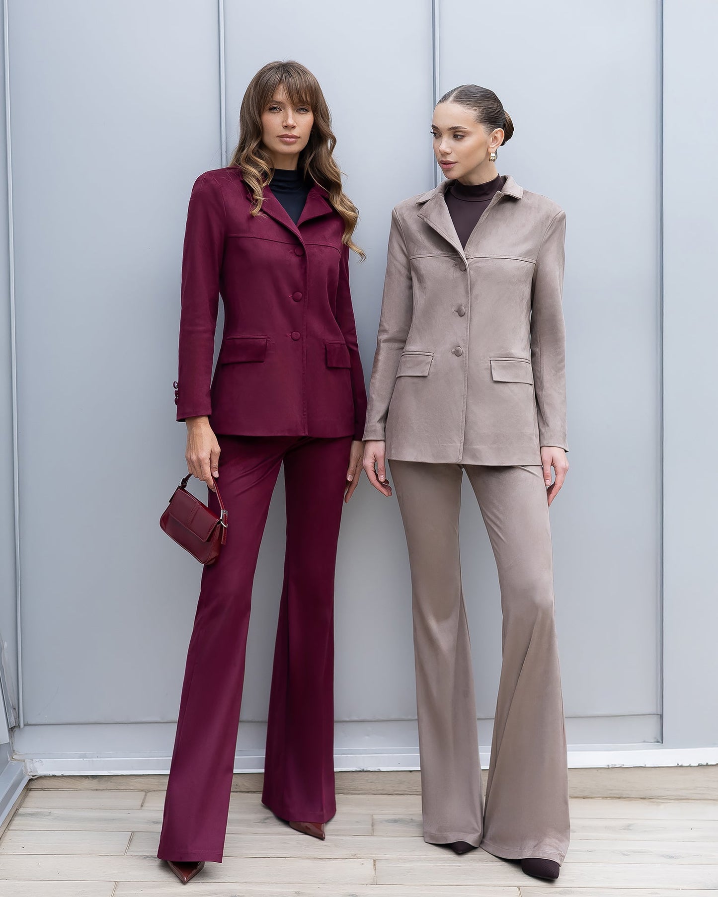 Serena Bordeaux Suede Tailored Blazer & Flared Pants Suit 2-Piece