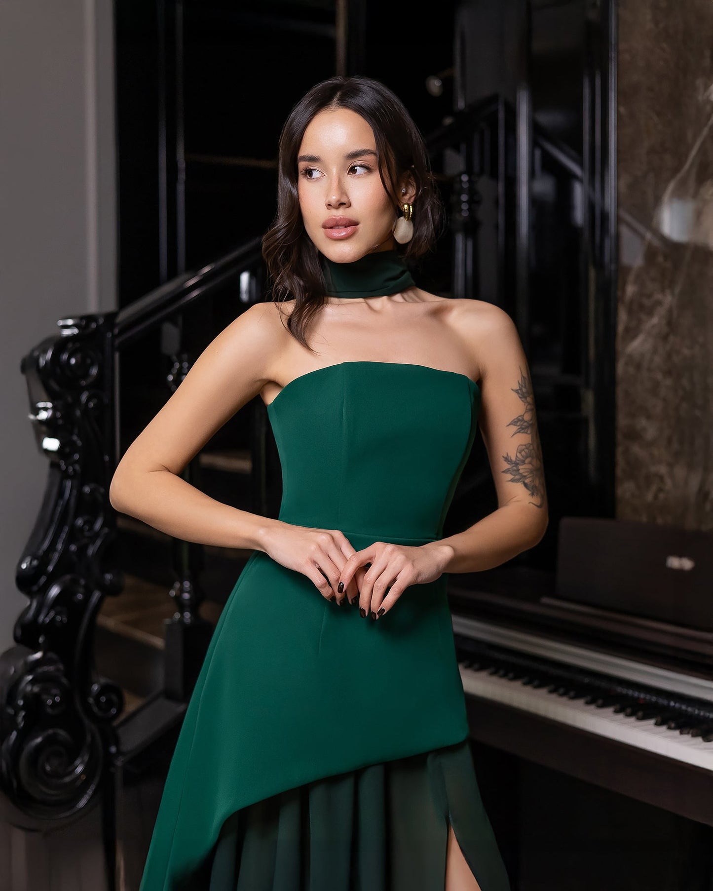 Green Strapless Back Scarf Overskirt Maxi Dress