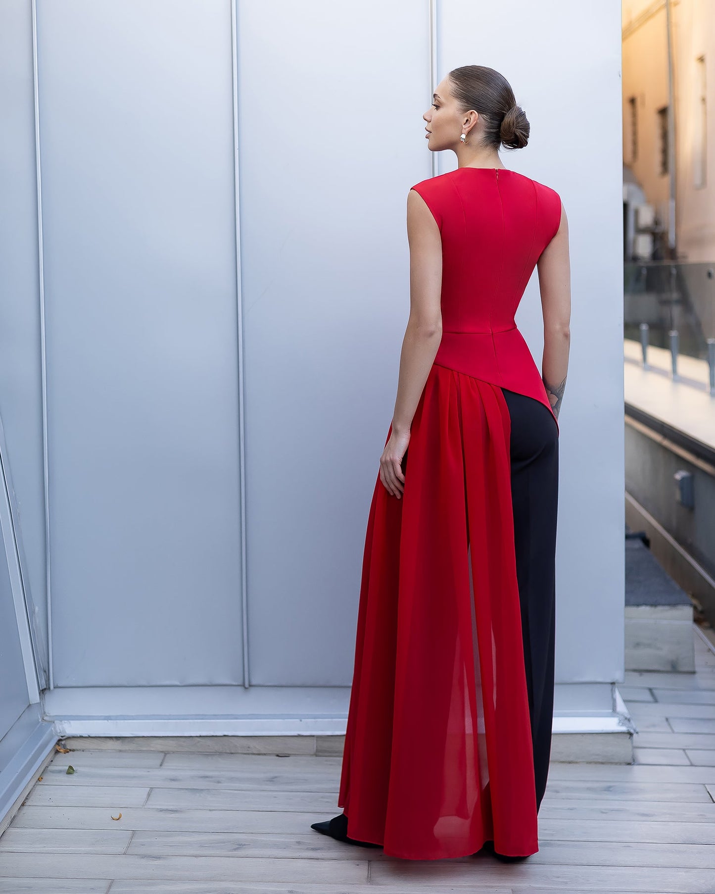 Serena Red Asymmetric Overlay Waist Top