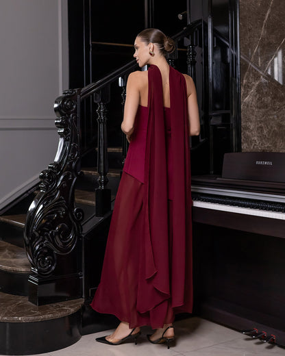Bordeaux Strapless Back Scarf Overskirt Maxi Dress