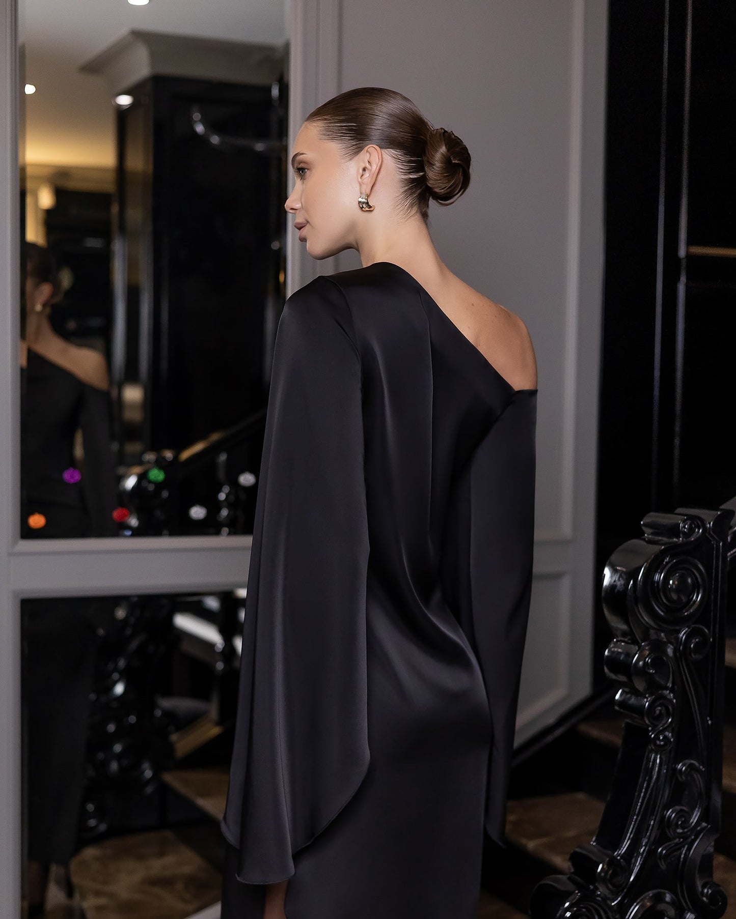 Celeste Black Satin Asymmetric One-Shoulder Midi Dress