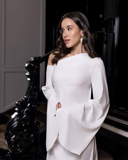 Celeste White Satin Asymmetric One-Shoulder Midi Dress