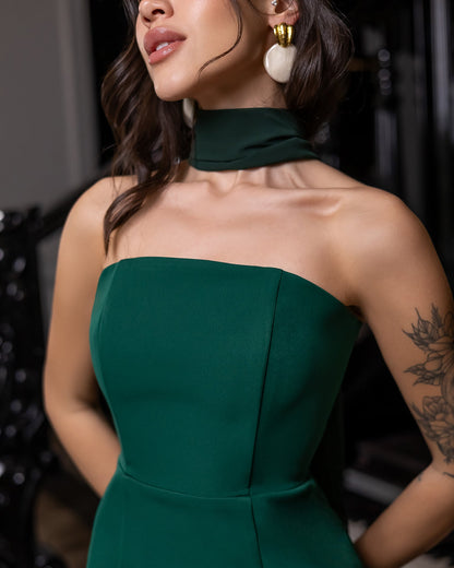Green Strapless Back Scarf Overskirt Maxi Dress