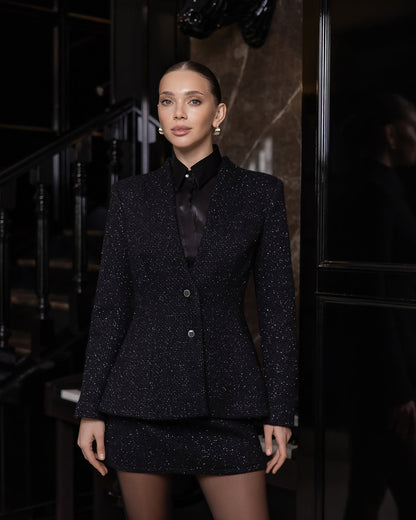 Serena Black Tweed Peplum Blazer & Mini Skirt Suit 2-Piece