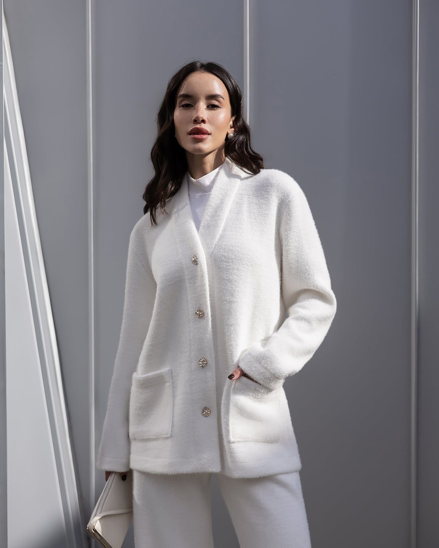 Bella White Cardigan & Wide-Leg Pants Set